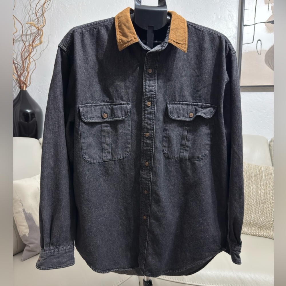 Eddie Bauer Black Denim Shirt with Brown Collar